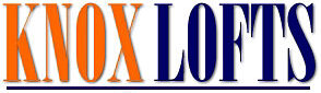 orange and navy logo for knox lofts website to find condos, lofts, and housing in downtown knoxville