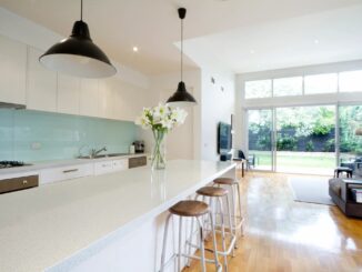 Condo with white marble modern kitchen in bright morning light in suburbs of knoxville tennessee